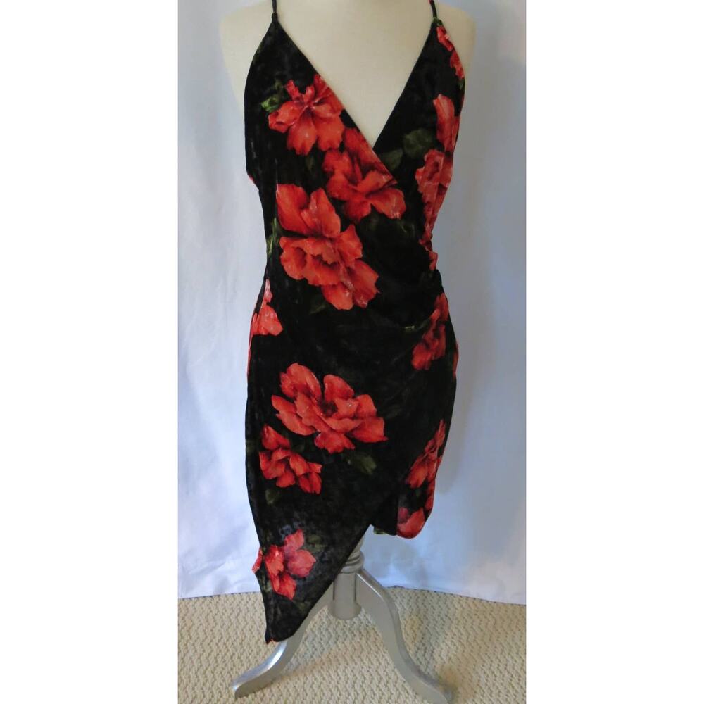 MONACO Velvet Party Dress Size 2XL Spaghetti Strap Short/Long Hem Black Red Glam